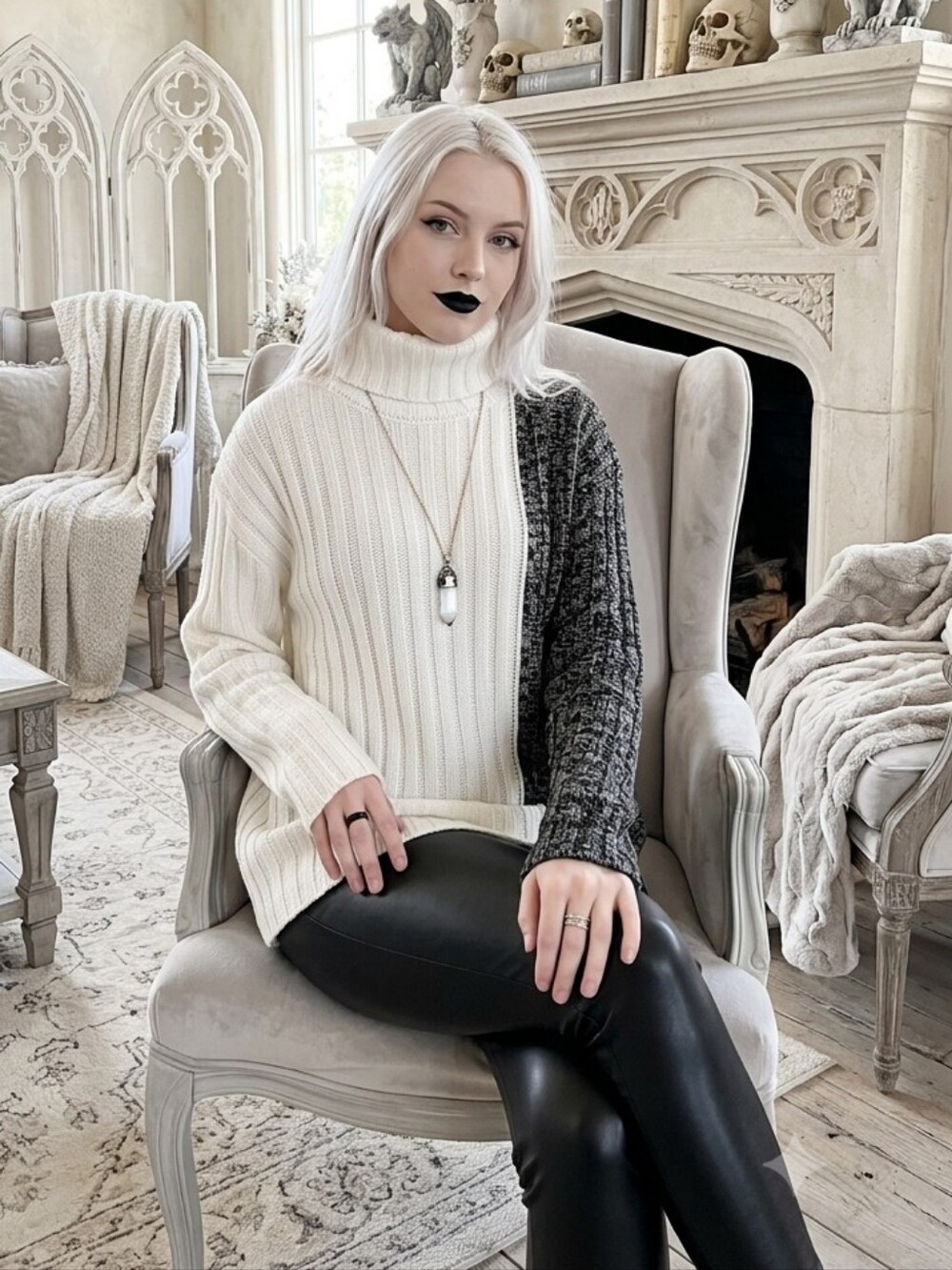Women's Split-Design Turtleneck Sweater - Half White Ribbed / Half Black Marled